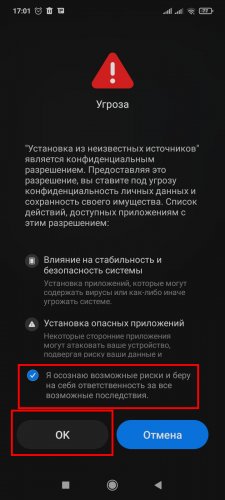 Установка галочки напротив "Я осознаю риски..."