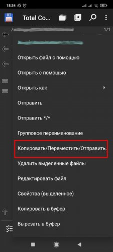 Выбор пункта "Копировать/Переместить/Отправить"